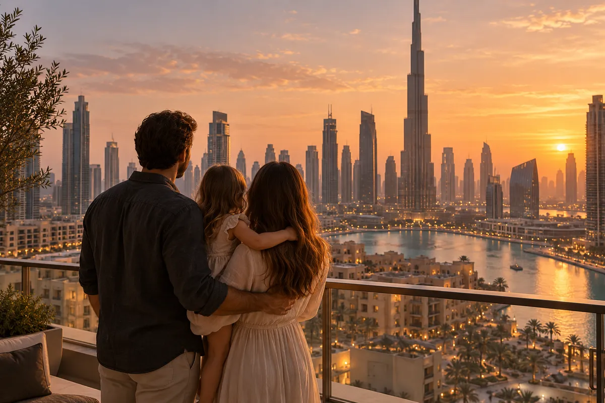 دليل كفالة عائلة المستثمر العقاري عائلة تنظر إلى أفق دبي من شرفة عند الغروب