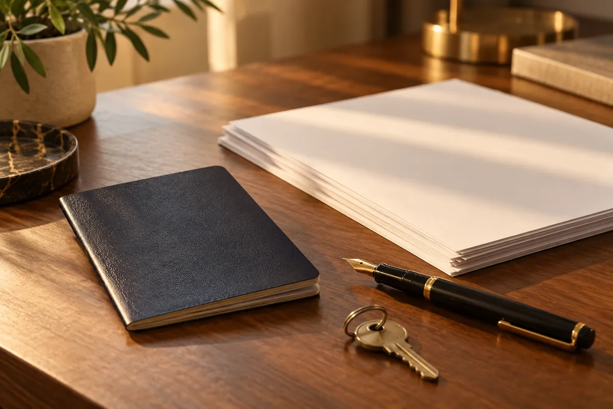 Preparing property investor documents Closed document notebook, papers, pen and keys on a desk