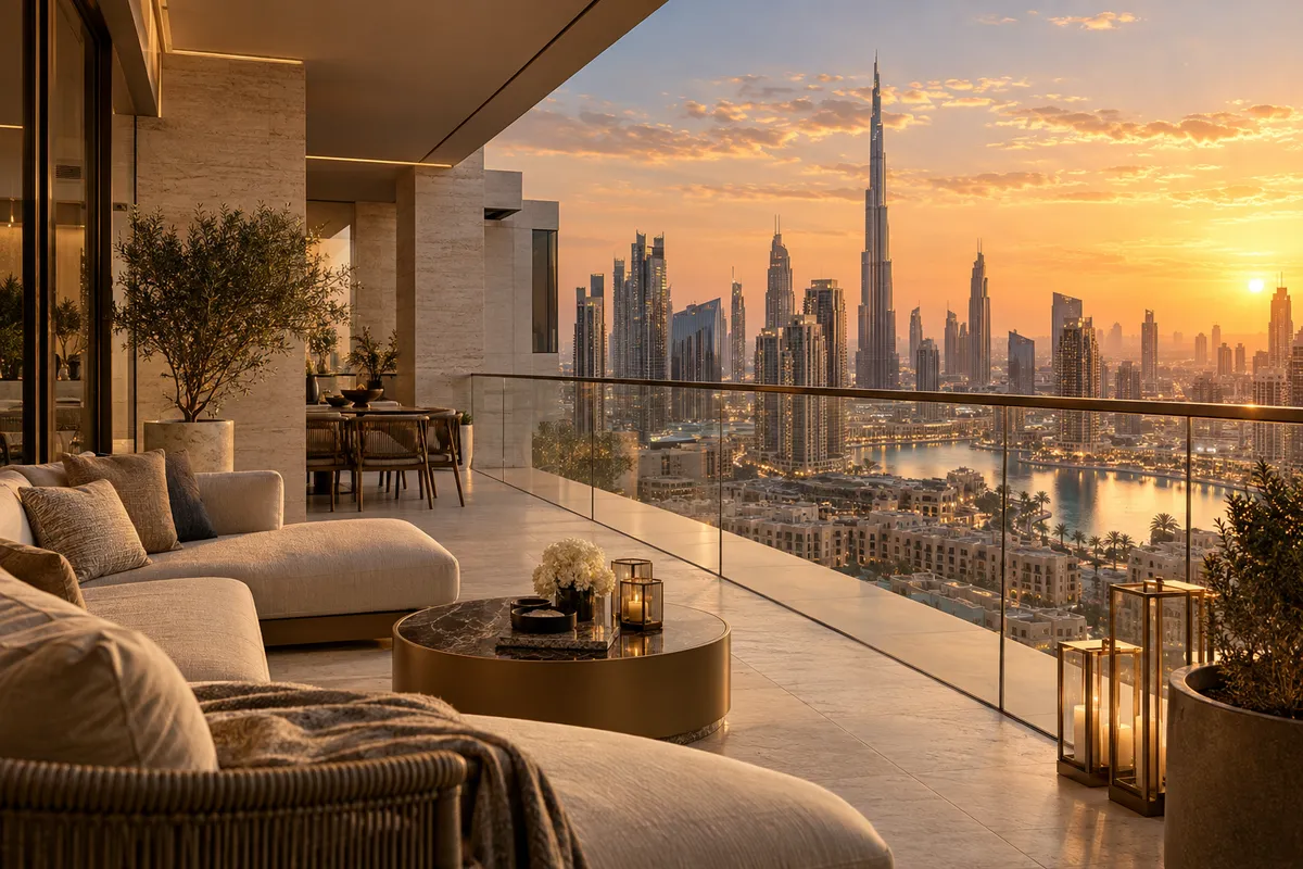 Mortgaged property and the Dubai Golden Visa Apartment terrace overlooking the Dubai skyline at sunset
